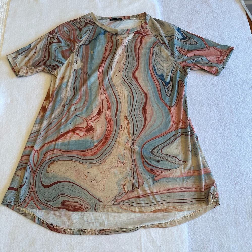 JustFashionNow Marble Tunic Top Size M Womens Blue Beige High Low Artsy Art
